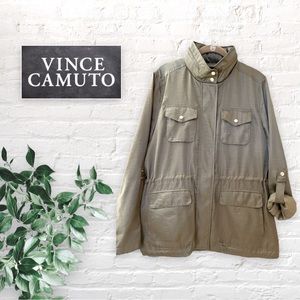 Vince Camuto Satin Jacket with Zip Hood in Olive Green Size M